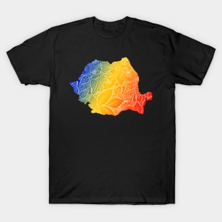 Colorful mandala art map of Romania with text in blue, yellow, and red T-Shirt